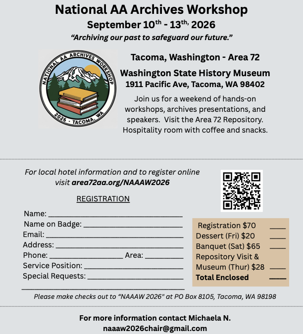 Flyer: 28th National AA Archives Workshop — September 10–13, 2026, Washington State History Museum, Tacoma, WA